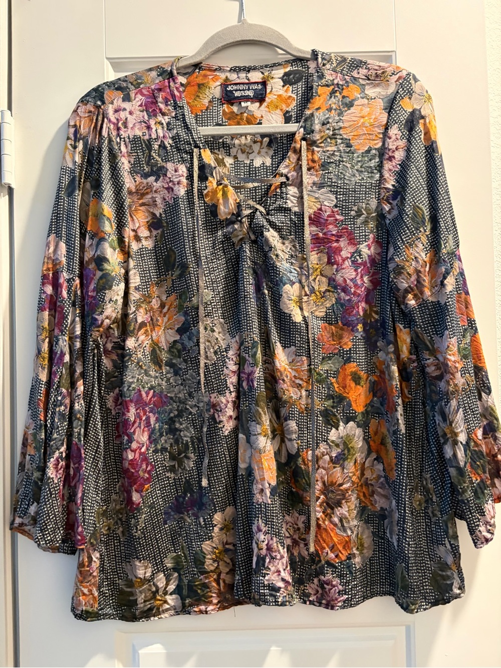 Johnny Was Floral Multicolor Tie-Neck Peasant Top